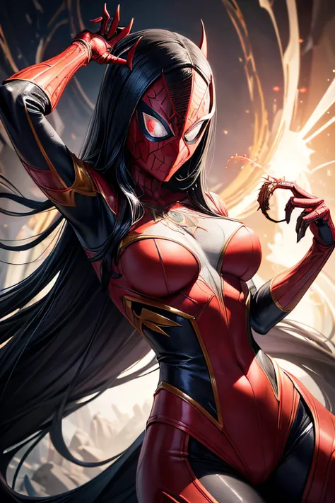 Supervillain Spider-Woman, Mask on the whole face, tight white and red spider suit with red spider symbol, small breasts, combat stance, highly detailed, vibrant appearance, creative behavior, extremly detailed, imaginative, sensual, spontaneous, highest q...