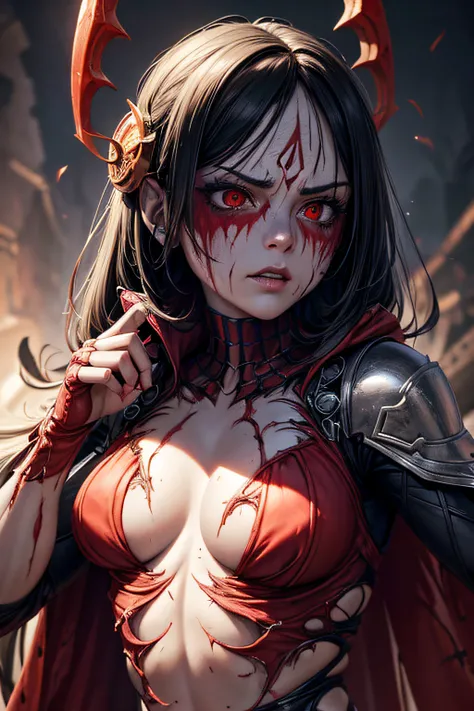 Supervillain Spider-Woman as a rotting dead zombie, Mask on the whole face, tight white and red spider suit with red spider symbol, small breasts, evil look, vilanious, ripped costupe, torn apart clothes, bloody, combat stance, highly detailed, vibrant app...