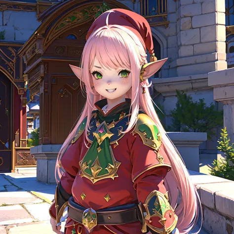 anime, (masterpiece, best quality, ultra-detailed), (beautiful detailed face), 1 girl (solo, Lalafell, long hair, pink hair, santa hat, santa outfit, grin expression, high detail eyes, (glowing emerald green eyes):1.1), (detailed background, night time, ou...