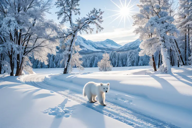 (a baby white bear,baby bear,bear cub),sliding through the snow,white fur,playful,pure white surroundings,snowflakes falling around,joyful expression,soft snow,curious little eyes,fluffy fur,arctic adventure,cold winter scene,frosty air,happy moment,innoce...