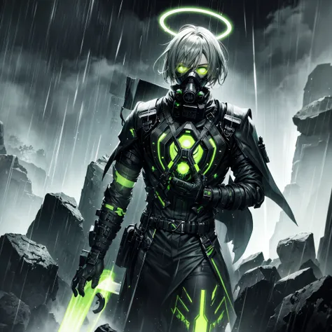 Gothic Angle male, gas mask, gothic Clothes, grey skin, facing forward, Green Plasma, Full body, halo, Sliding, Dark sky, Green Glowing Halos around arms, Green glowing eyes, Sadness, Thunderstorm, Raining, High Contrast