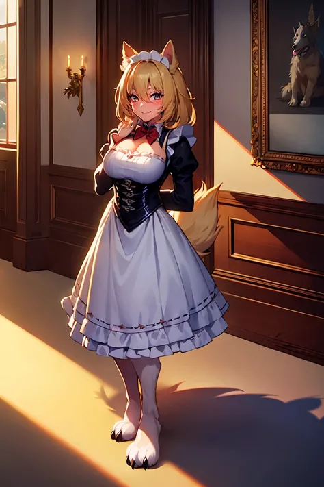 masterpiece, extremely detailed, volumetric light, 1girl, dog themed succubus, wearing black and white frilly maid outfit, gold hair, dog ears, fluffy dog tail, dog eyes, dog nose, smile, sunny,  inside a mansion setting, blushing, (beautiful detailed eyes...