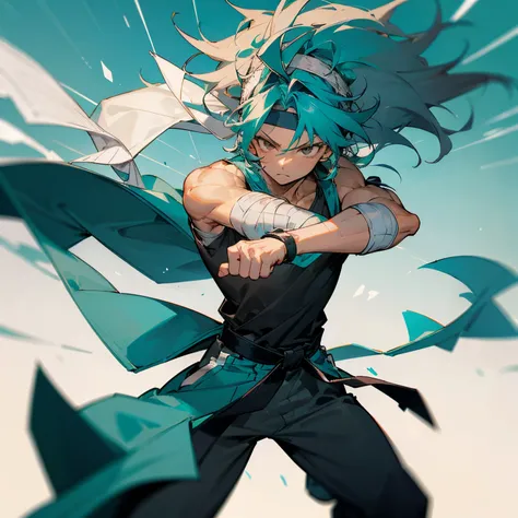 Long Shoulder Length Spiky Wavy hair ,  White headband , bracelet , bandage on one arm , Teal Colored Hair , brown eyes , Black Shortsleeve T-Shirt ,Wristbands, Baggy Grey Pants , Karate Belt , Messy Hair , 1male , Teen Male , Lean Muscular Build