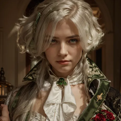 1girl, long straight hair, white hair, green eyes, beautiful face, red rose brooch in hair, Victorian dress