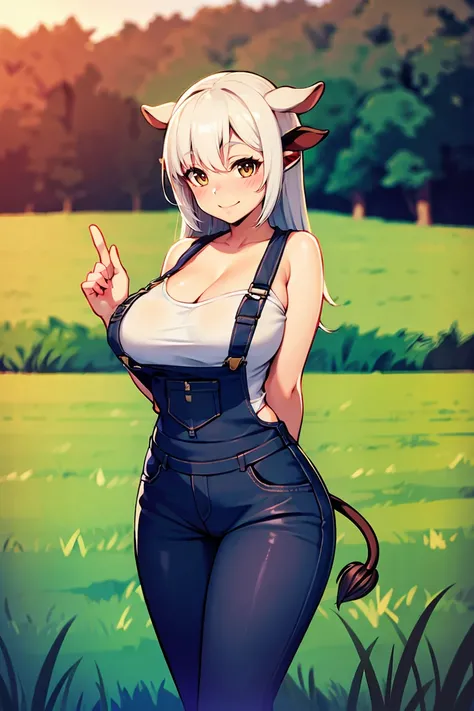 cow themed succubus wearing blue farm overalls over a white shirt, black and white hair, cow ears, cow tail, large bust, cow eyes, smile, sunny, on a farm, blushing