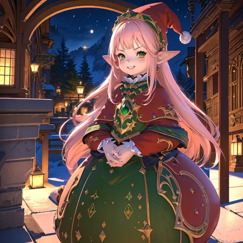 anime, (masterpiece, best quality, ultra-detailed), (detailed background, night time, outside, snow), (beautiful detailed face), 1 girl (solo, Lalafell, long hair, pink hair, santa hat, santa outfit, grin expression, high detail eyes, (glowing emerald gree...