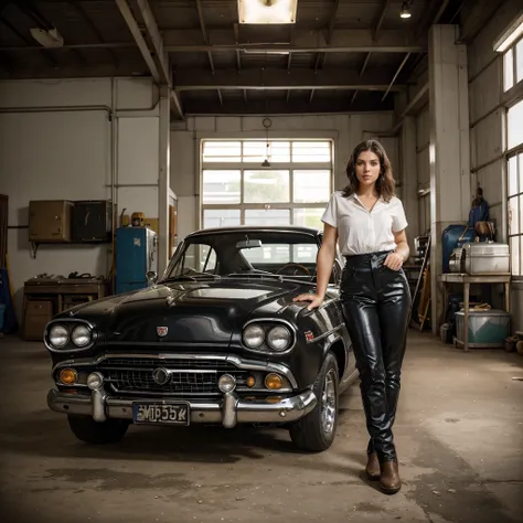 In a nostalgic setting of a vintage garage, a classic car occupies the spotlight. Its sleek lines and timeless beauty are preserved by the hands of a talented and confident female mechanic. She stands beside the car, her perfectly greased hands holding a w...