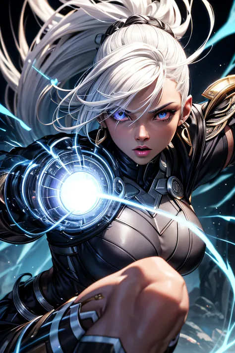 Storm from X-Men, black african girl, white hair with mohawk look, white glowing eyes, wlieding lightning, combat stance, highly detailed, vibrant appearance, creative behavior, extremly detailed, imaginative, sensual, spontaneous, highest quality, skin te...