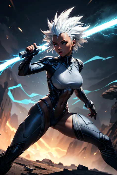 Storm from X-Men, black african girl, white hair with mohawk look, white glowing eyes, wlieding lightning, combat stance, highly detailed, vibrant appearance, creative behavior, extremly detailed, imaginative, sensual, spontaneous, highest quality, skin te...