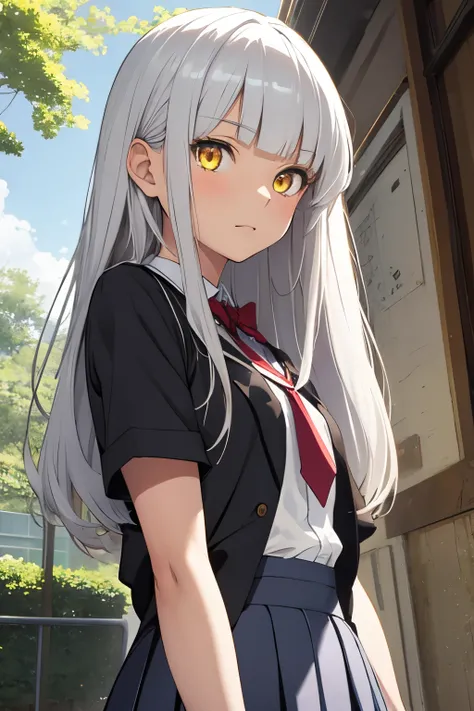 1girl, yellow eyes, style novel, dash isekai anime, long silver hair, blunt bangs, school uniform, super detailed, em Floresta