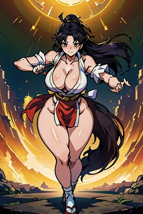 Kagome Higurashi, mai shiranui from the king of fighters, 1girl, solo, beautiful detailed eyes, ultradetailed eyes, extremely detailed face, perfect lighting, long black hair, golden eyes, 25yo, Japanese mature female, wearing a red short kimono, cleavage,...