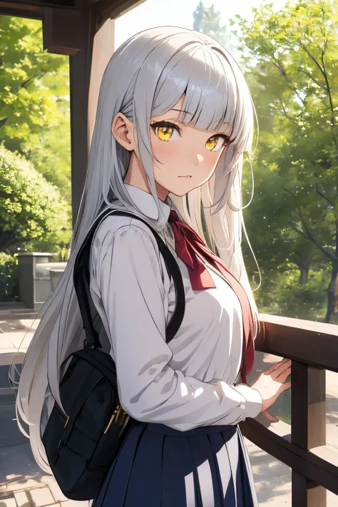 1girl, yellow eyes, style novel, dash isekai anime, long silver hair, blunt bangs, school uniform, super detailed, em Floresta