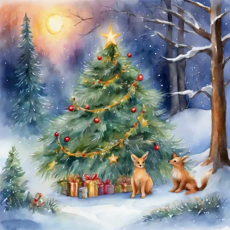 Christmas tree in the forest  , cute animal christmas , Friendly atmosphere, forest at night