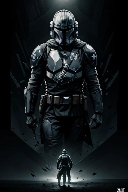 t-shirt, the mandalorian 2D illustration, epic lighting, cinematographic, dark background, black and white