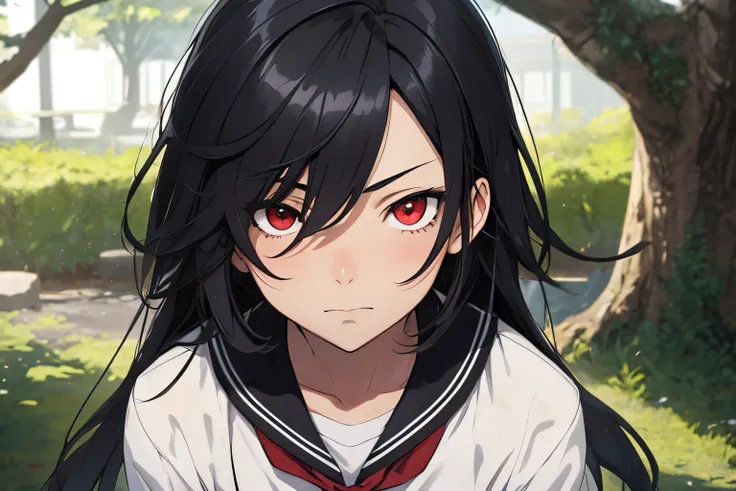 1boy, red eyes eyes, style novel, style isekai anime, black hair, school uniform, super detailed, em Floresta