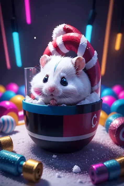 Snow and snow. a close up of a hamster in a pile of candy and candy canes, cute colorful adorable, adorable digital painting, cute detailed digital art, hyper colorful, neon coloring, cute digital art, photo of a hamster, beeple colors, colorful hd picure,...