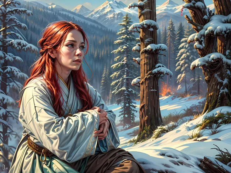 fantasy art, photorealistic, D&D art, larry elmore style, magv1ll, a picture of a female monk sitting cross-legged and meditating on a snowy mountain, on top of a snowy mountain there is a human woman monk wearing monk garbs, meditating near a bonfire (bes...