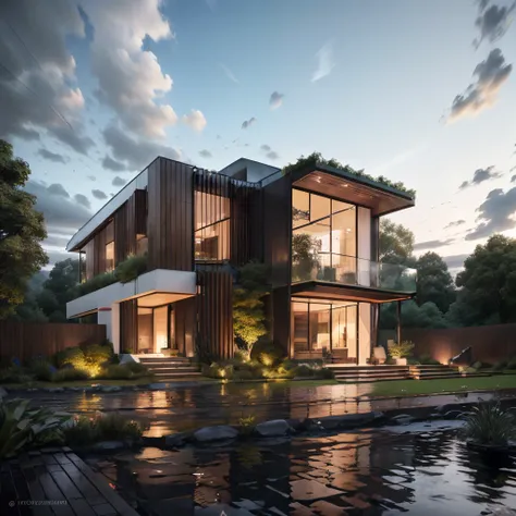 mordenhouse, house, glass house with a sloping roof, modern, dynamic (RAW photo, real, best quality, masterpiece:1.2), (hyper realistic, photo-realistic:1.2), high quality, (dark lighting:1.2), perfect lighting, archdaily