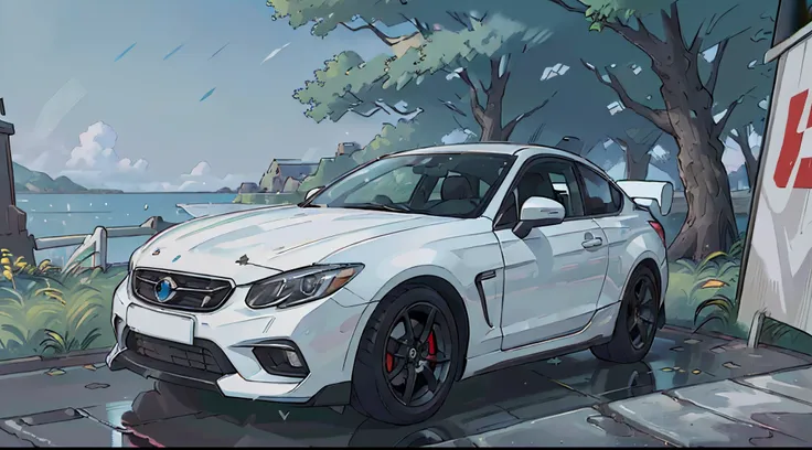 (best quality, high resolution:1.2), ultra-detailed, (realistic:1.37) car, beautiful outdoor scenery, detailed reflections on the cars surface, high-quality and precise painting, vibrant colors, natural lighting, with a girl next to it. white car. british ...