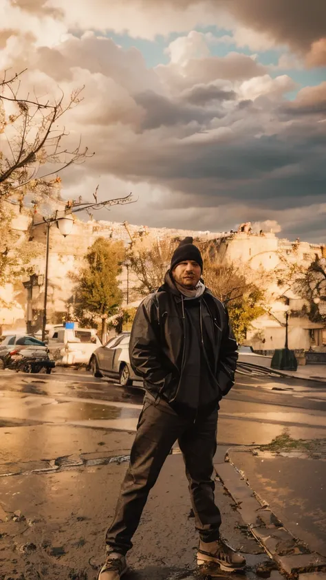 Man standing infornt of  eiffel tower in france paris with rainy day 4k imag hipper realstice color dark