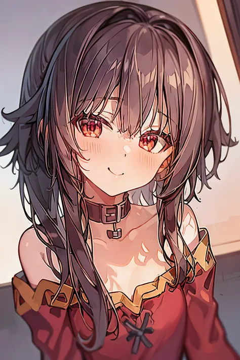 masterpiece, +++, top quality, soft light, mgumin, brown hair, bangs, locks, red eyes, red outfit, micro skirt, portrait, lookin...