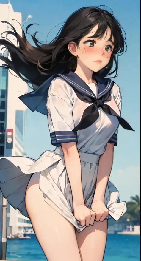 1womanl,Black hair ,((Impatient expression)),Beautiful breasts,White shirt,a sailor suit,well-styled,,(Facing the front)(((Blushing cheeks、embarassed expression)),(((The skirt is rolled up by the wind)))