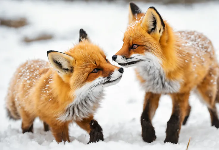 (best quality,4k,8k,highres,masterpiece:1.2),ultra-detailed,(realistic,photorealistic,photo-realistic:1.37),two baby foxes playing in the snow,soft furry bodies,round adorable eyes,cute bushy tails,freshly fallen snow,sparkling white landscape,playful jump...