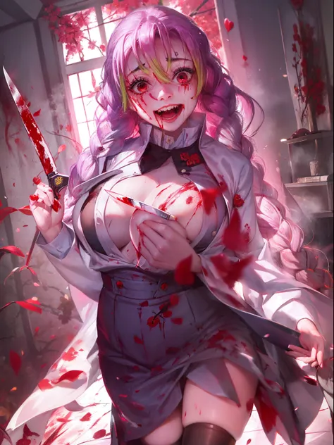 unpleasant smile of a girl who loves knive、psychopath horror,  big lips, blood on face, ((holding knife)), juicy lips, big boobs...