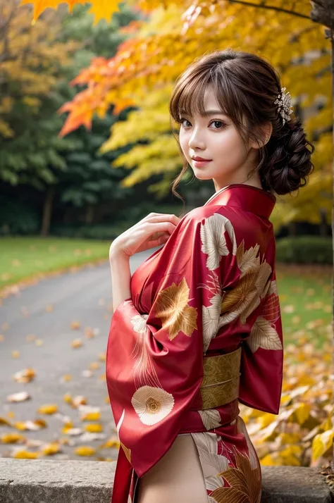 (masutepiece:1.3, Photorealsitic:1.4, 8K), top-quality, ​masterpiece, 超A high resolution, Perfect dynamic composition, Highly detailed skin and facial texture:1.3, A detailed eye, Detailed limbs, autumnal, Autumn leaves landscape at night:1.2, 1girl in, Cu...