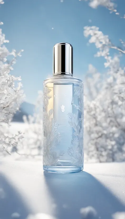 Ultra-realistic scenes，Cosmetic bottle，Surrounded by white snow and ice flowers，blue sky background，yuki，rays of sunshine，low perspective，Blander，Product rendering，HD8K。 --v6