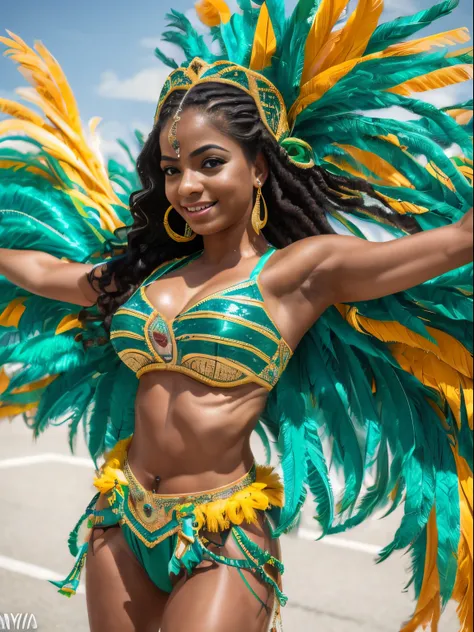 (8k, highest quality, ultra detailed:1.37), (Nyla), 18yo, (a talented African-Brazilian samba dancer), moves gracefully in a vibrant carnival parade. She wears a colorful and feathered samba costume, showcasing her incredible dance skills and cultural prid...