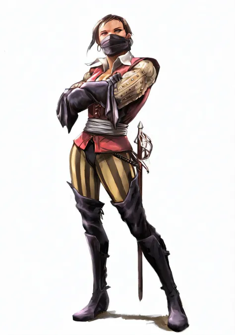 a drawing of a woman in a pirate costume with a sword, scarf on mouth, black leather gloves, jrpg character art, fighting fantasy style image, character concept art