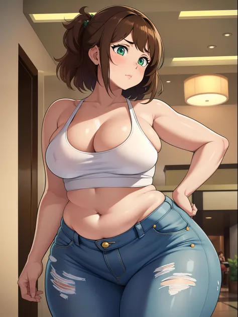 ((highres)), Masterpiece, high quality, best quality, beautiful, perfect lighting, detailed face, ultra cute face, cowboy shot ((1girl)), ((solo)), blush, short brown hair, fluffy hair, green eyes, crop top, jeans, hotel lobby, small breasts, perky breasts...