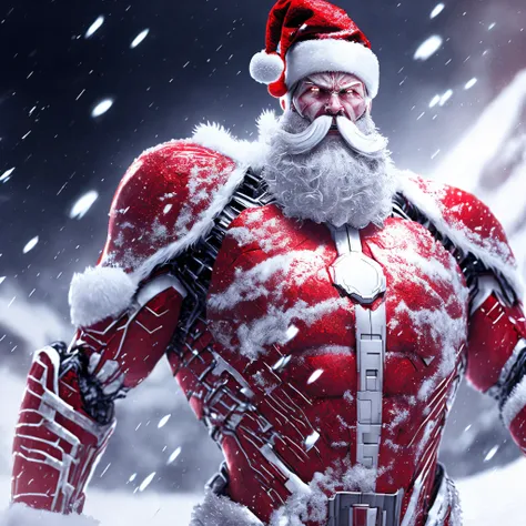 Close-up ( Red and white human figure Santa as a cyborg from Marvel in Metalsteal style: 1.3) emerging from the snow hills , well detailed, sparks, flying debris, volumetric light