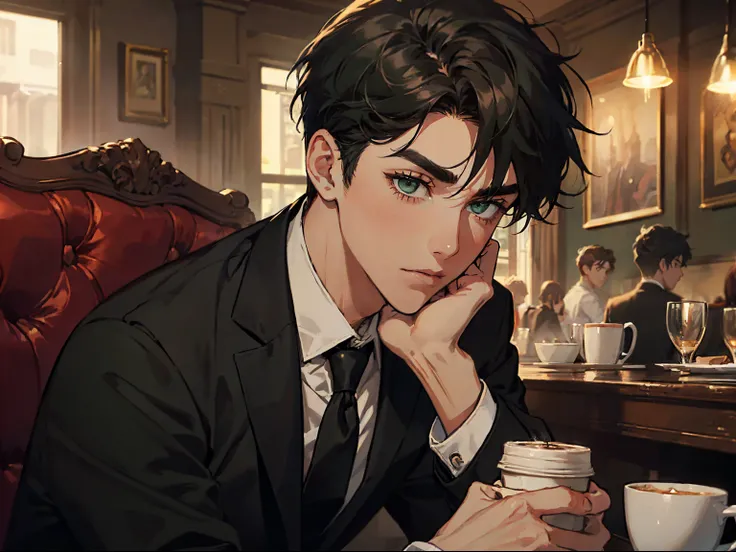 ((One young man with a black suit and tie)), in a cafe, alejandro, (((side swept dark short hair))), (dark green eyes and thick eyebrows), ((20 years old)), ((masterpiece)), drinking coffee , ((cinematic lighting)), relax look