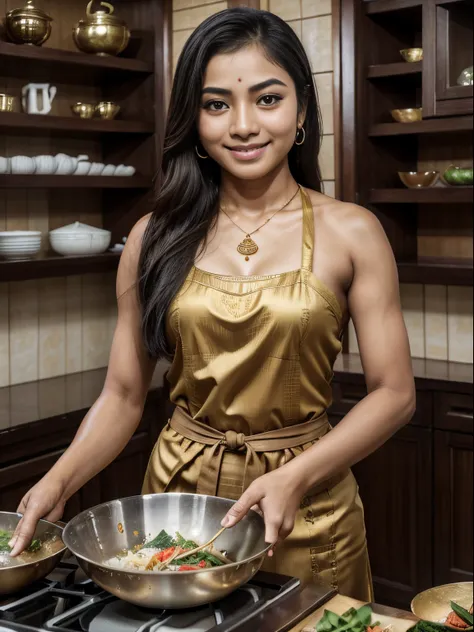 (8k, highest quality, ultra detailed:1.37), (sirinapa), 18yo, (a passionate home cook), prepares a delicious thai dish in her ki...