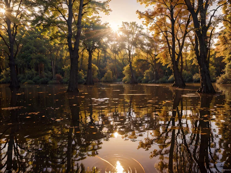 Trees in a flooded area with the sun shining through the trees.., autumn tranquility, autumn sunrise warm light, foggy volumetric light morning, warm beautiful scene, Hermoso render de un paisaje, melancholy autumn light, At sunset in autumn, mystical fore...