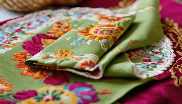 Capture a detail shot of a bold and patterned Easter tablecloth, highlighting the intricate details and vibrant colors.”