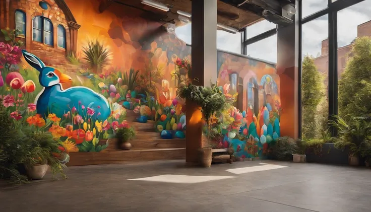 Capture a creative shot of a bold Easter-themed mural or graffiti artwork, adding an urban and contemporary twist to the traditional holiday.”