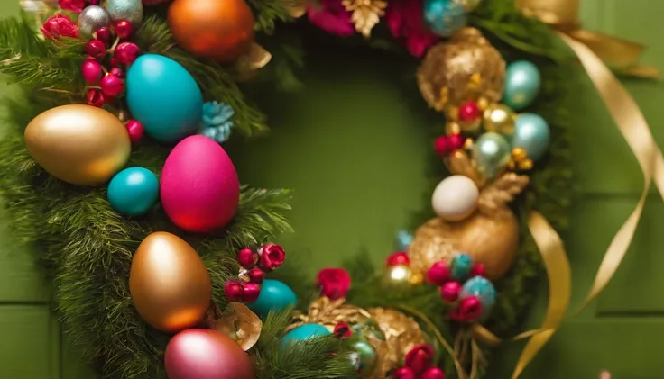 Capture a close-up shot of a bold and vibrant Easter wreath hanging on a door, showcasing the intricate details and eye-catching colors.