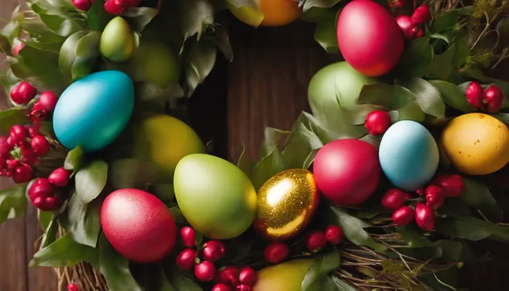 Capture a close-up shot of a bold and vibrant Easter wreath hanging on a door, showcasing the intricate details and eye-catching colors.