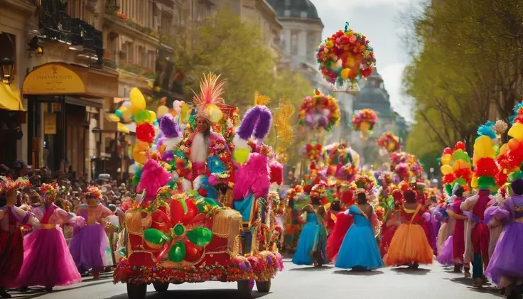 Capture an image of a bold and colorful Easter parade with participants dressed in vibrant costumes and carrying elaborate floats, creating a lively and festive atmosphere.