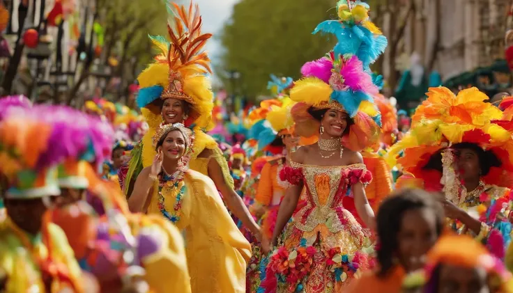 Capture an image of a bold and colorful Easter parade with participants dressed in vibrant costumes and carrying elaborate floats, creating a lively and festive atmosphere.