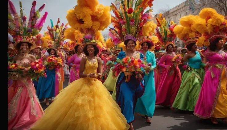 Capture an image of a bold and colorful Easter parade with participants dressed in vibrant costumes and carrying elaborate floats, creating a lively and festive atmosphere.