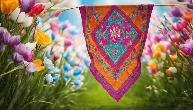 Capture a detail shot of a bold and patterned Easter banner or flag fluttering in the wind, adding movement and energy to the photo.”