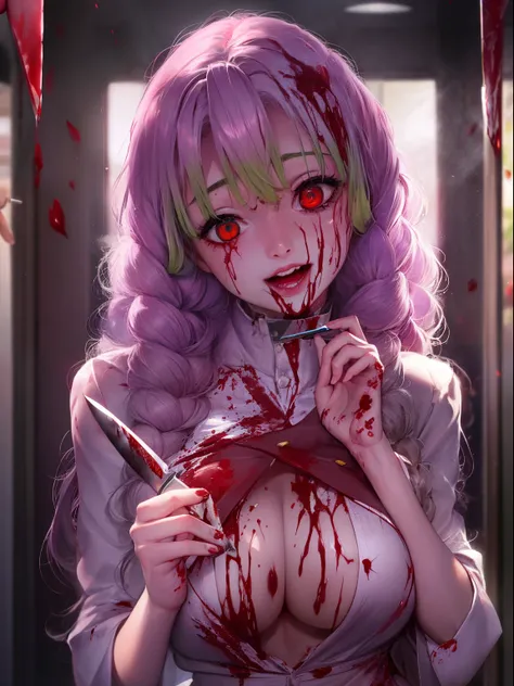 unpleasant smile of a girl who loves knive、psychopath horror,  big lips, blood on face, ((holding knife)), juicy lips, big boobs...