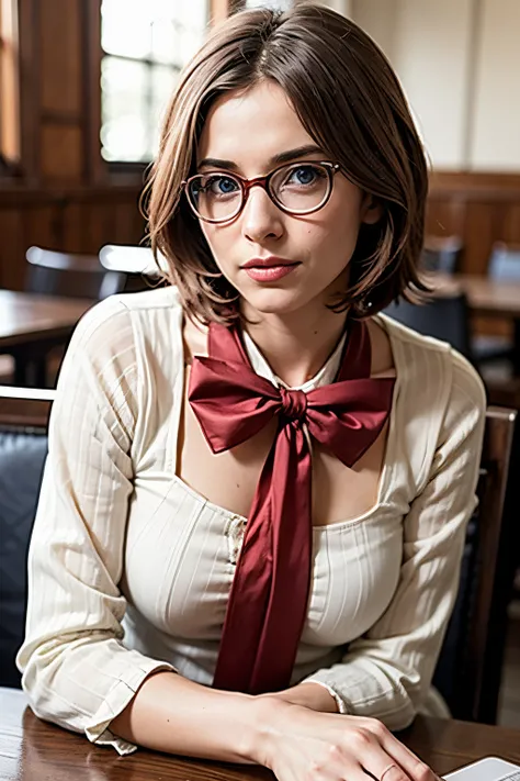 a photo of a young, nerdy woman sitting in a caf, wearing a white shirt and a bow, surrounded by a cozy atmosphere, looking at t...