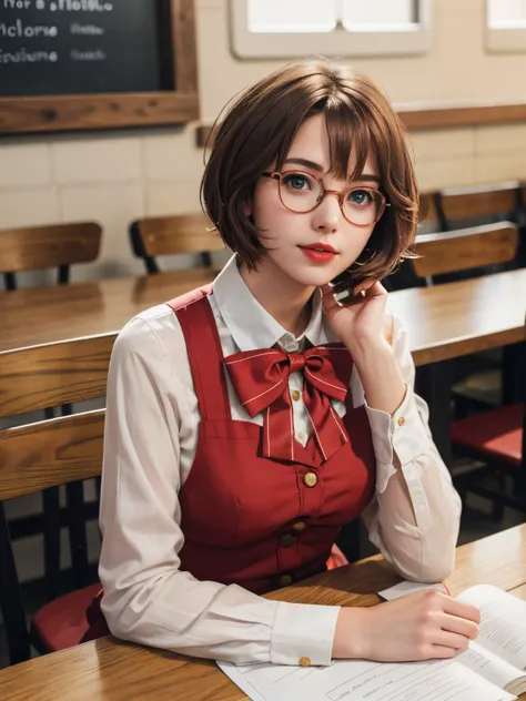 a photo of a young, nerdy woman sitting in a caf, wearing a white shirt and a bow, surrounded by a cozy atmosphere, looking at t...