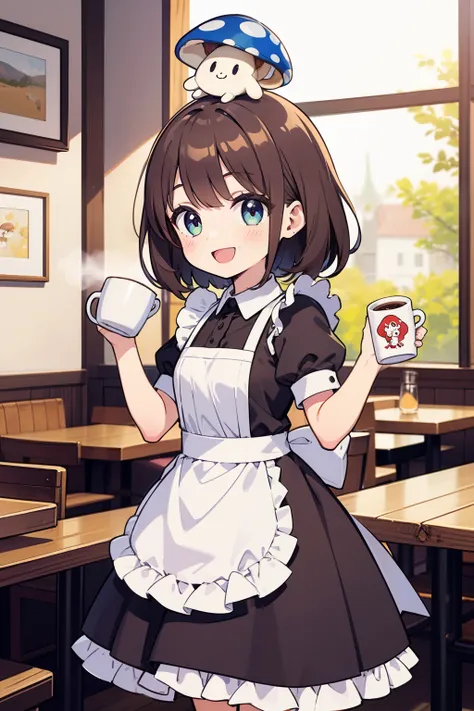 girl with maid outfit, cafe, coffee mug, (mushroom on head), cheerful smile