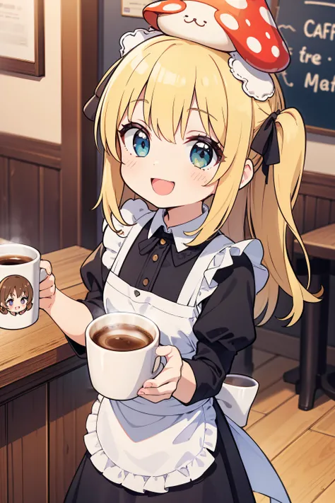 girl with maid outfit, cafe, coffee mug, (mushroom on head), cheerful smile